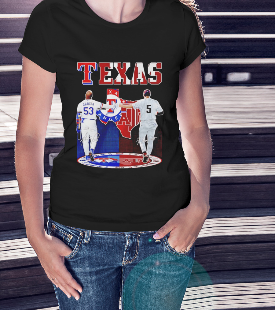 Texas Rangers Adolis Garcia And Texas A&M Aggies Hunter Schott Split Map T-Shirt
