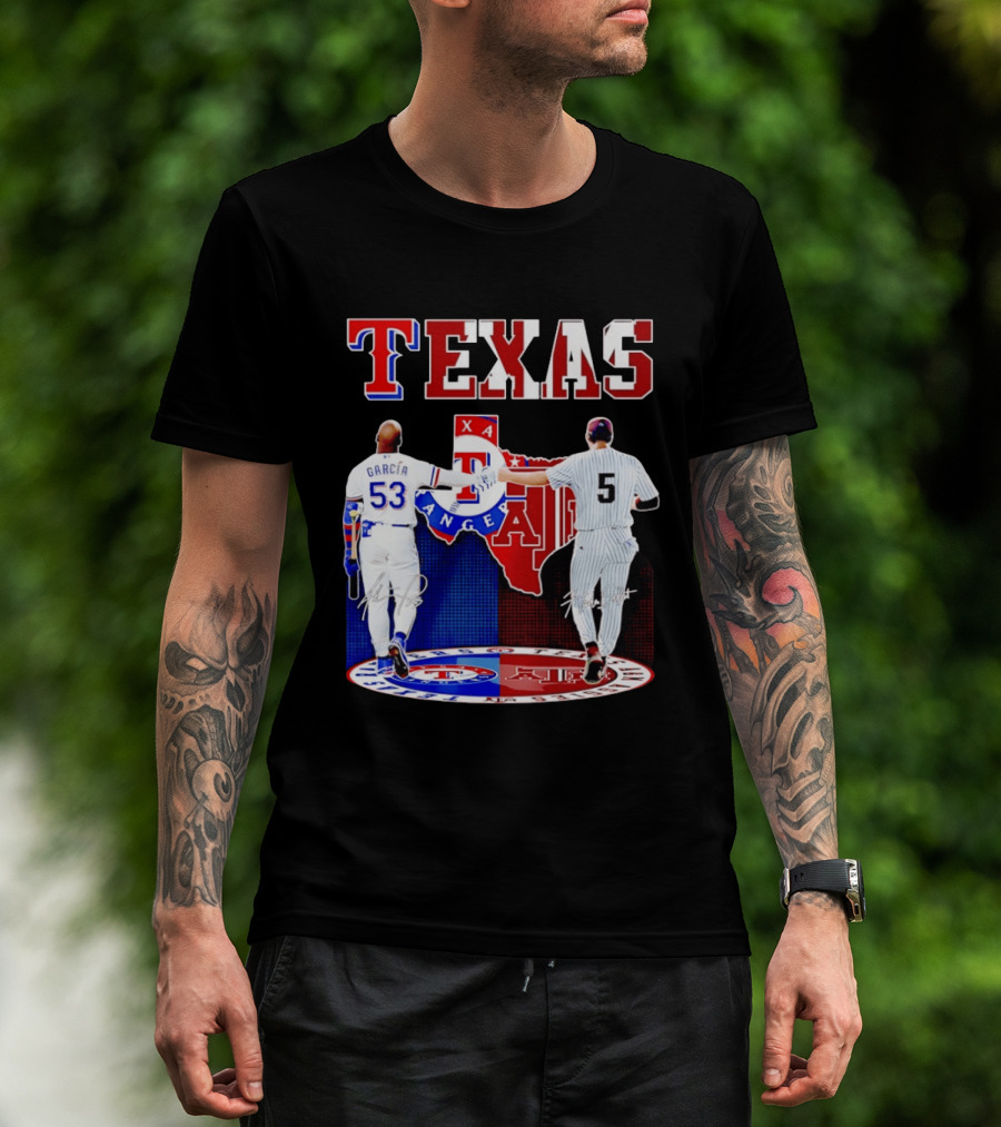 Texas Rangers Adolis Garcia And Texas A&M Aggies Hunter Schott Split Map T-Shirt