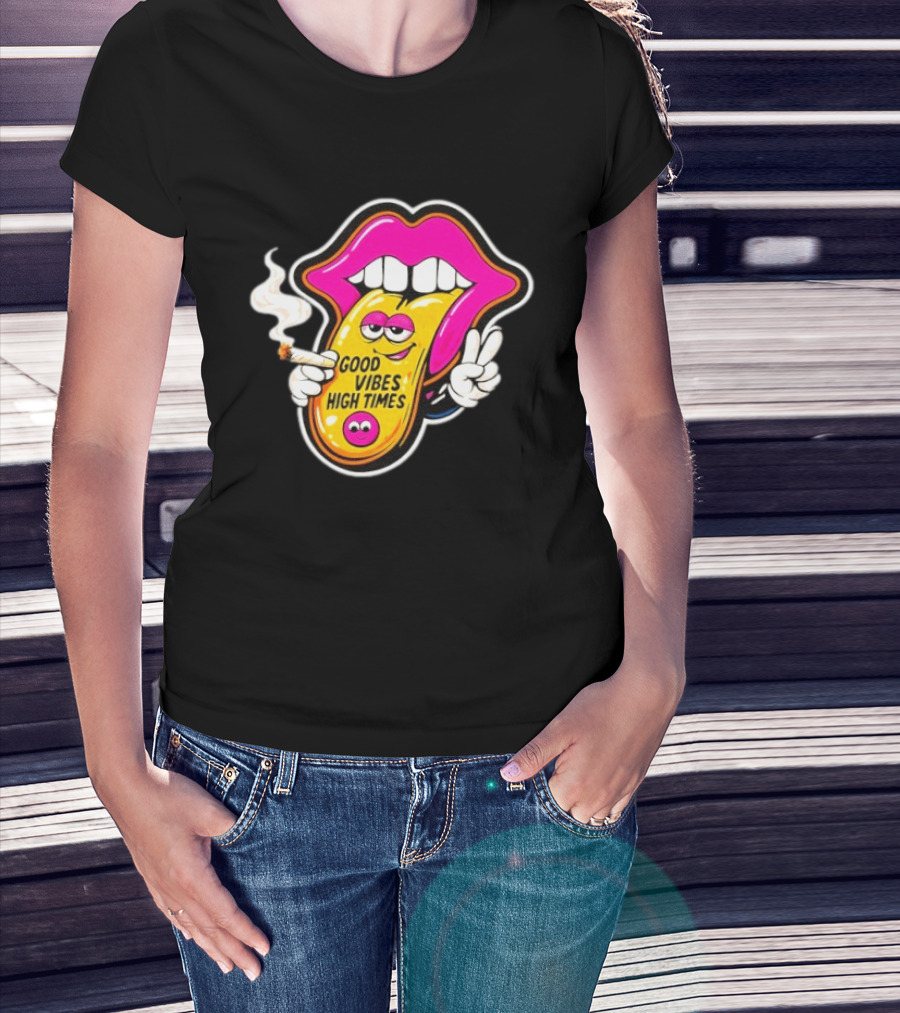 Good Vibes High Times Smoking Tongue And Peace Sign T-Shirt