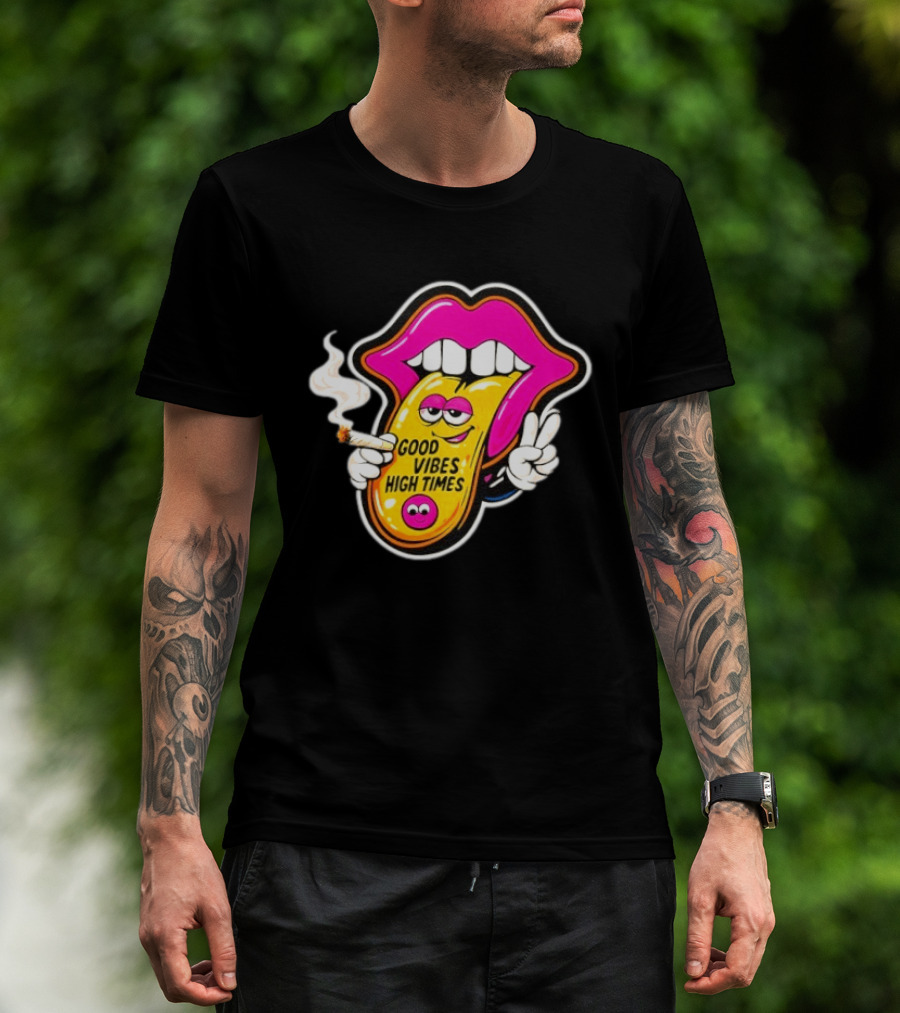 Good Vibes High Times Smoking Tongue And Peace Sign T-Shirt