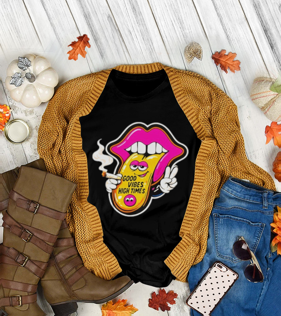 Good Vibes High Times Smoking Tongue And Peace Sign T-Shirt