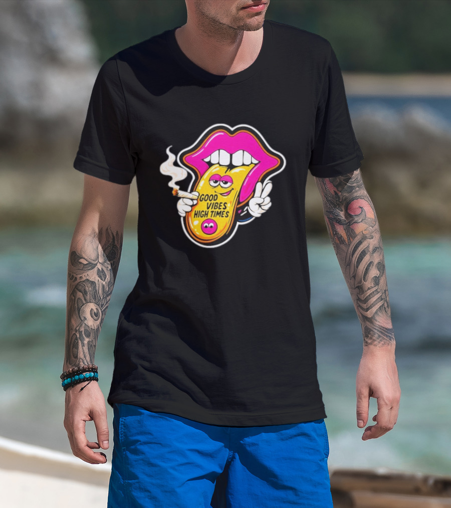 Good Vibes High Times Smoking Tongue And Peace Sign T-Shirt