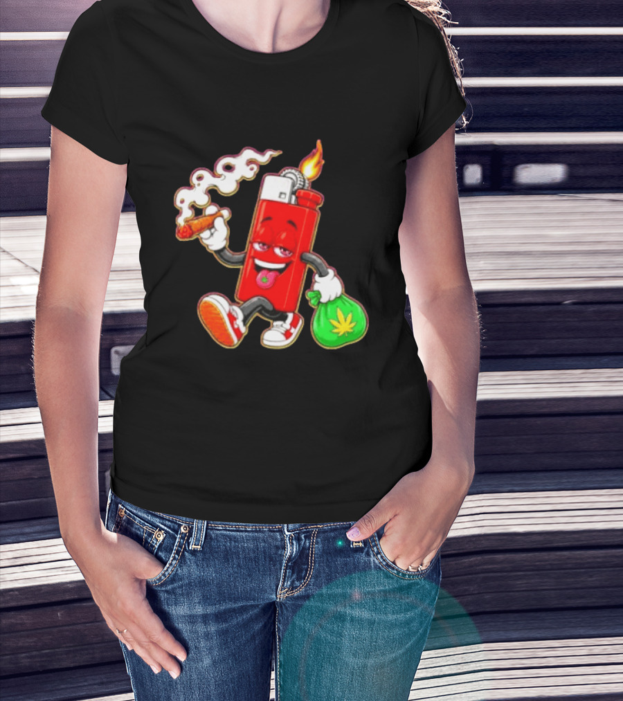 Flame Lighter And Smoking Joint With Cannabis Bag Cartoon T-Shirt