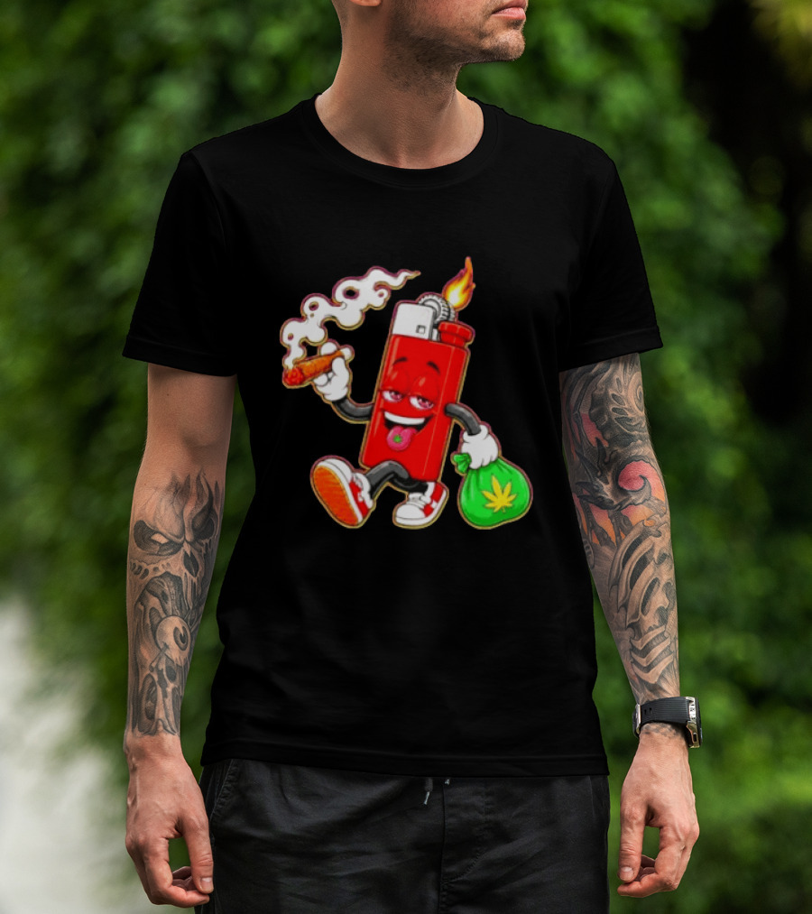 Flame Lighter And Smoking Joint With Cannabis Bag Cartoon T-Shirt