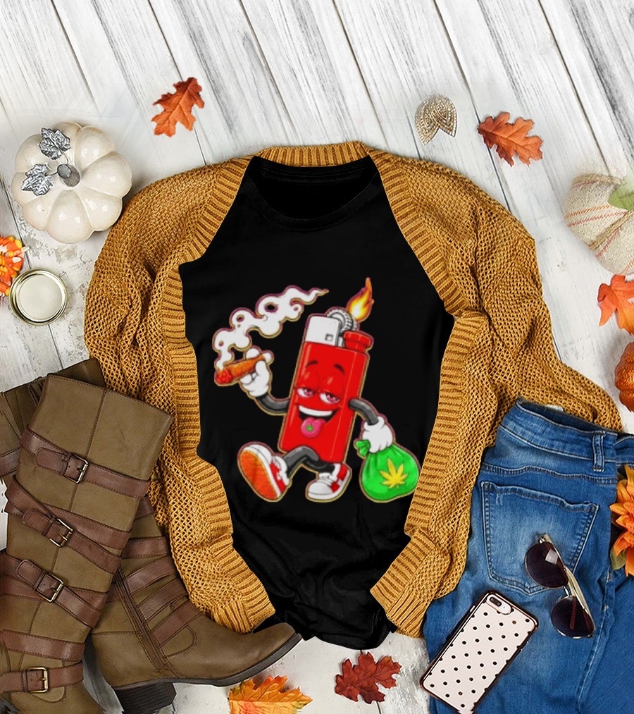 Flame Lighter And Smoking Joint With Cannabis Bag Cartoon T-Shirt
