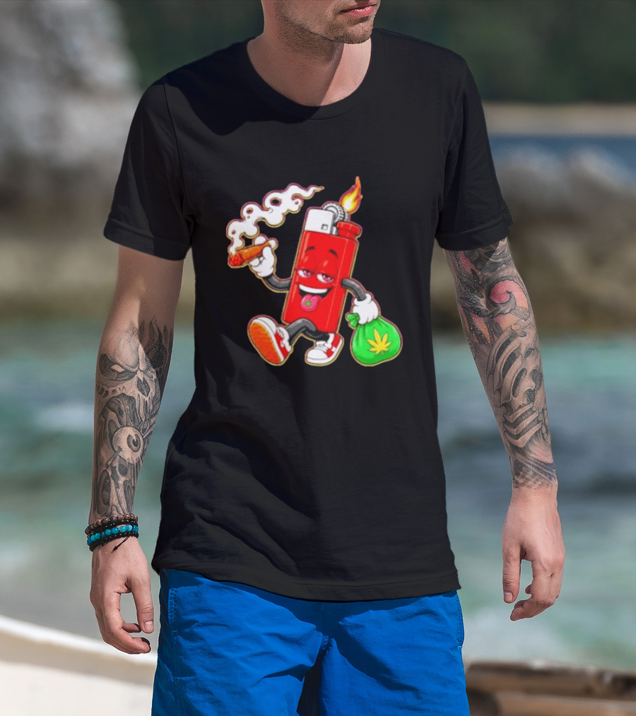 Flame Lighter And Smoking Joint With Cannabis Bag Cartoon T-Shirt