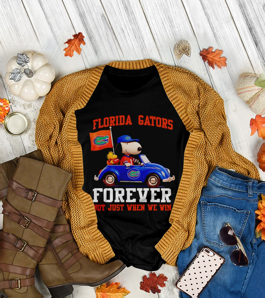 Peanuts Snoopy Woodstock In Blue Car Florida Gators Forever Not Just When We Win T-Shirt