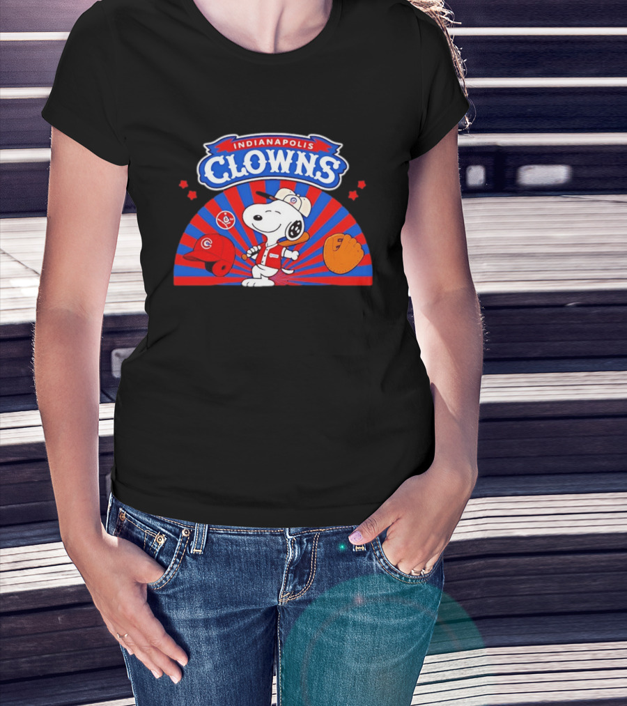 Snoopy Indianapolis Clowns Baseball Vintage Style Red Blue Peanuts Comic Strip Baseball Bat Glove Cap T-Shirt