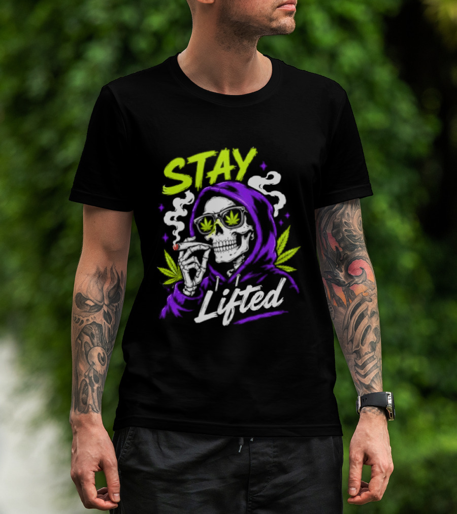 Stay Lifted Skeleton Smoking Weed Vapor Clouds Psychedelic T-Shirt