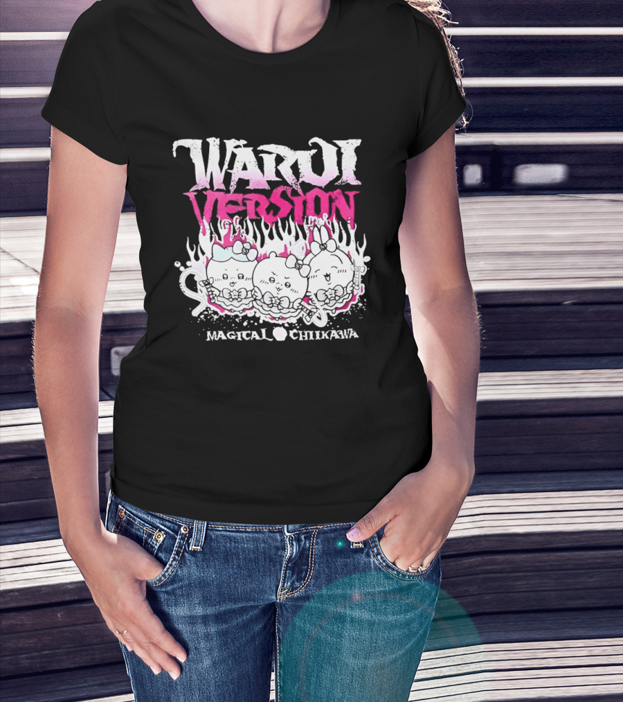 Warui Version Magical Chiikawa Characters In Fiery Pink And White T-Shirt