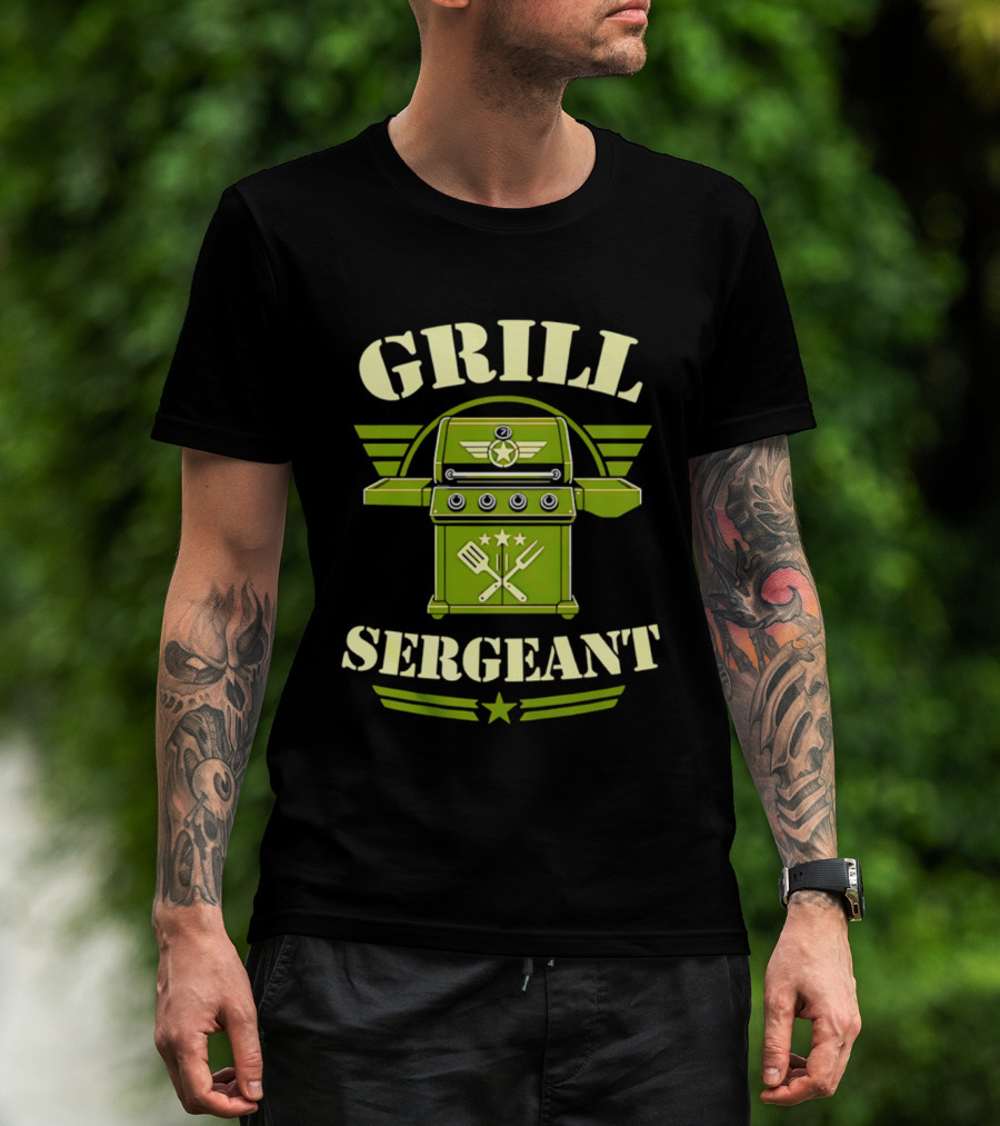 Grill Sergeant Military Style Barbecue Theme With Star Emblem And Utensils T-Shirt