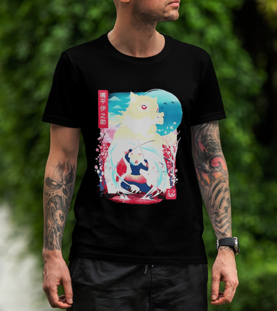 Inosuke Hashibira Boar Head Demon Slayer Anime Cherry Blossom Scene T-Shirt
