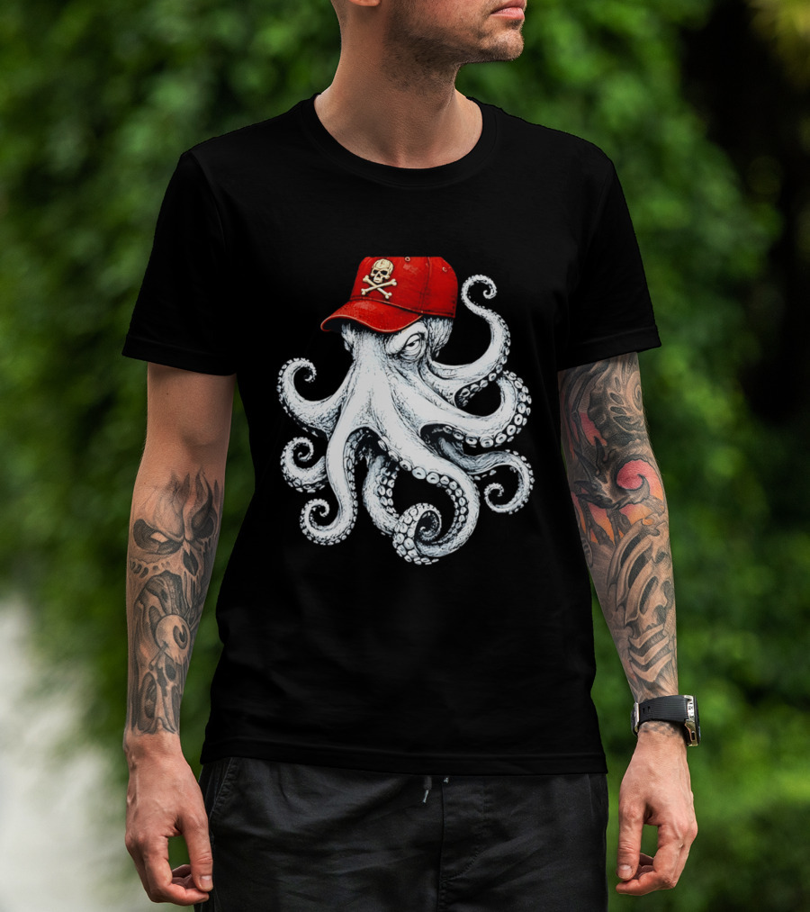 Octopus In Red Cap With Skull And Crossbones T-Shirt