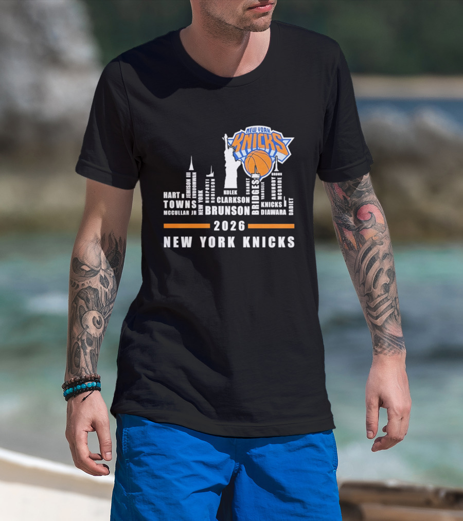 New York Knicks 2026 Jalen Brunson Mikal Bridges NBA Manhattan Skyline T-Shirt