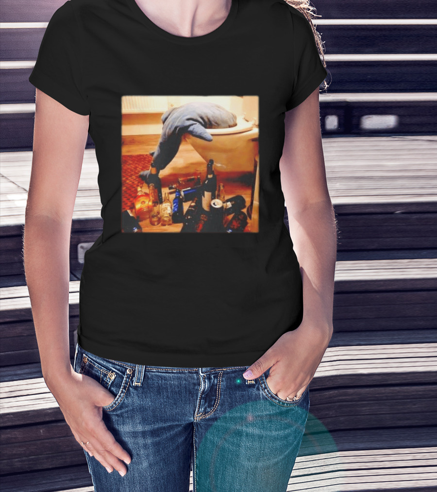 Shark Over Toilet With Alcohol Bottles Party Aftermath T-Shirt
