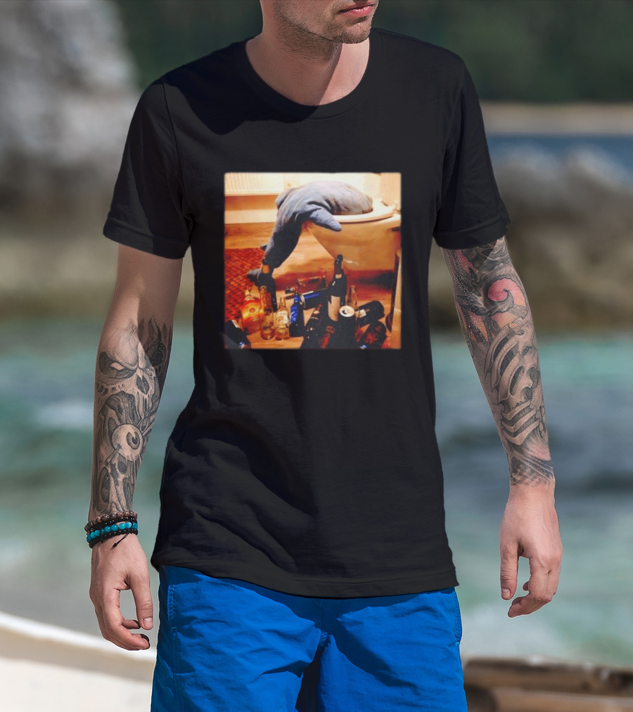 Shark Over Toilet With Alcohol Bottles Party Aftermath T-Shirt