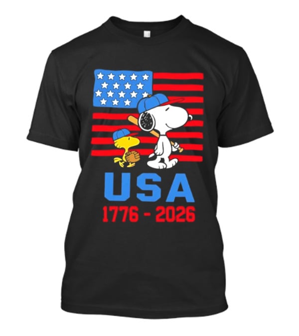 Snoopy Woodstock Peanuts USA Baseball American Flag 1776 2026 T-Shirt