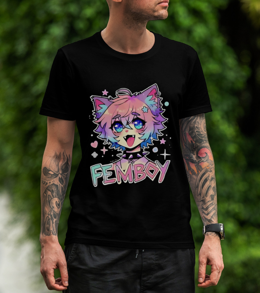 Femboy Catboy Nekomimi Anime Kawaii Pastel Sparkling Spiked Collar T-Shirt