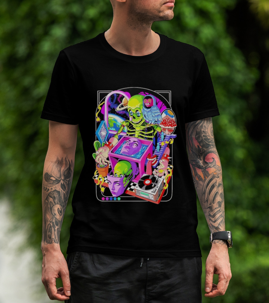 Green Skeleton Psychedelic Owl Surreal Heads Space Earth Trippy Mushrooms Record Player Adventure T-Shirt