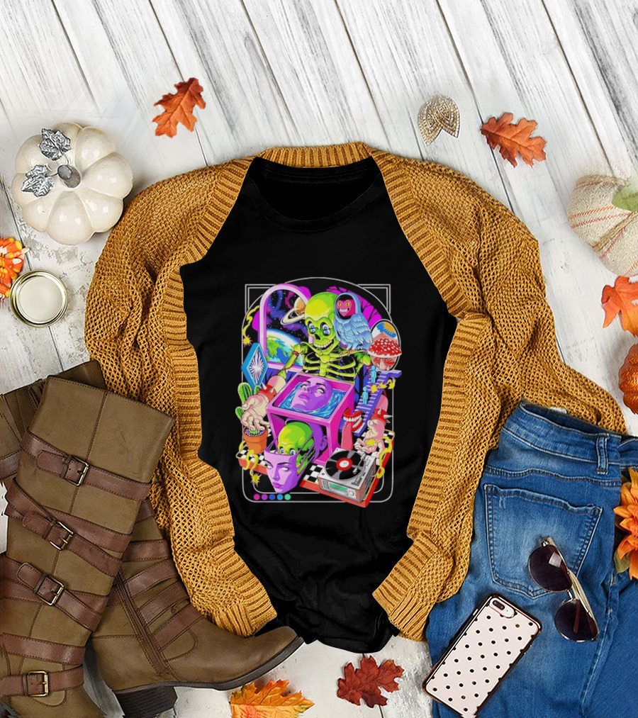 Green Skeleton Psychedelic Owl Surreal Heads Space Earth Trippy Mushrooms Record Player Adventure T-Shirt