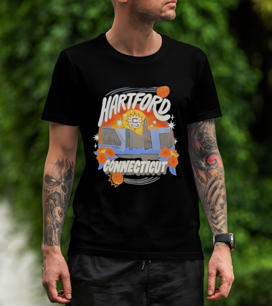 Hartford Connecticut Sun Basketball Skyline With Flowers And Basketballs T-Shirt