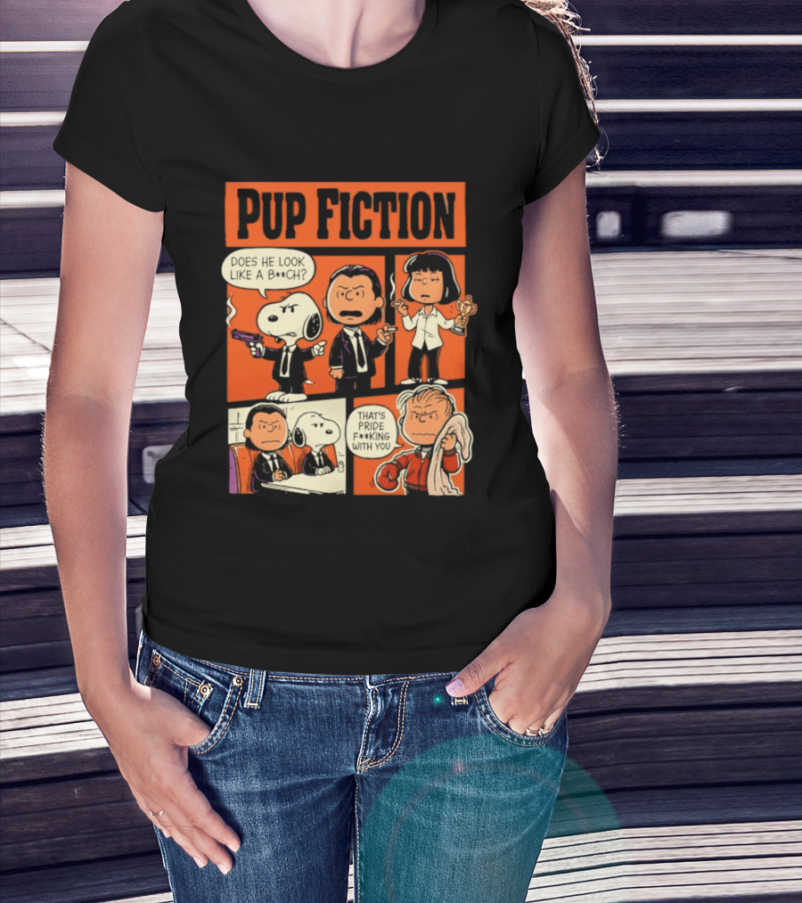 Peanuts Pup Fiction Does He Look Like A Bitch Snopy And Franklin Vincent Jules Mia T-Shirt