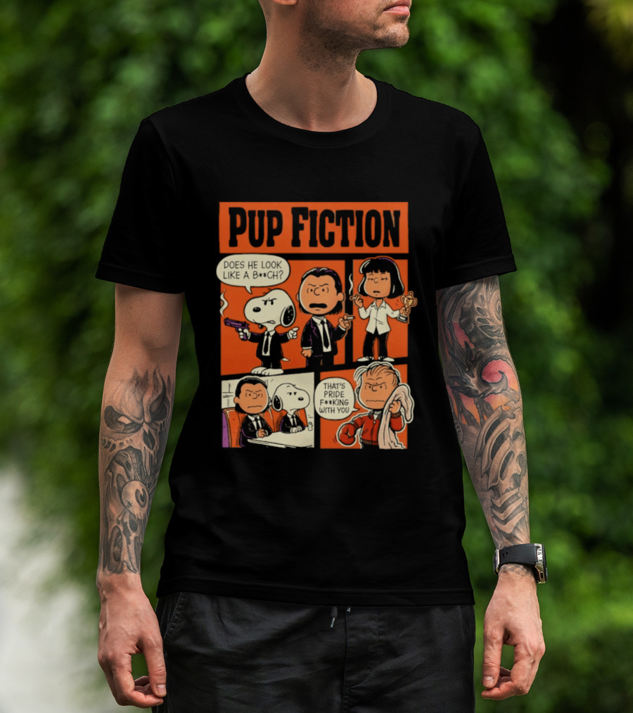 Peanuts Pup Fiction Does He Look Like A Bitch Snopy And Franklin Vincent Jules Mia T-Shirt
