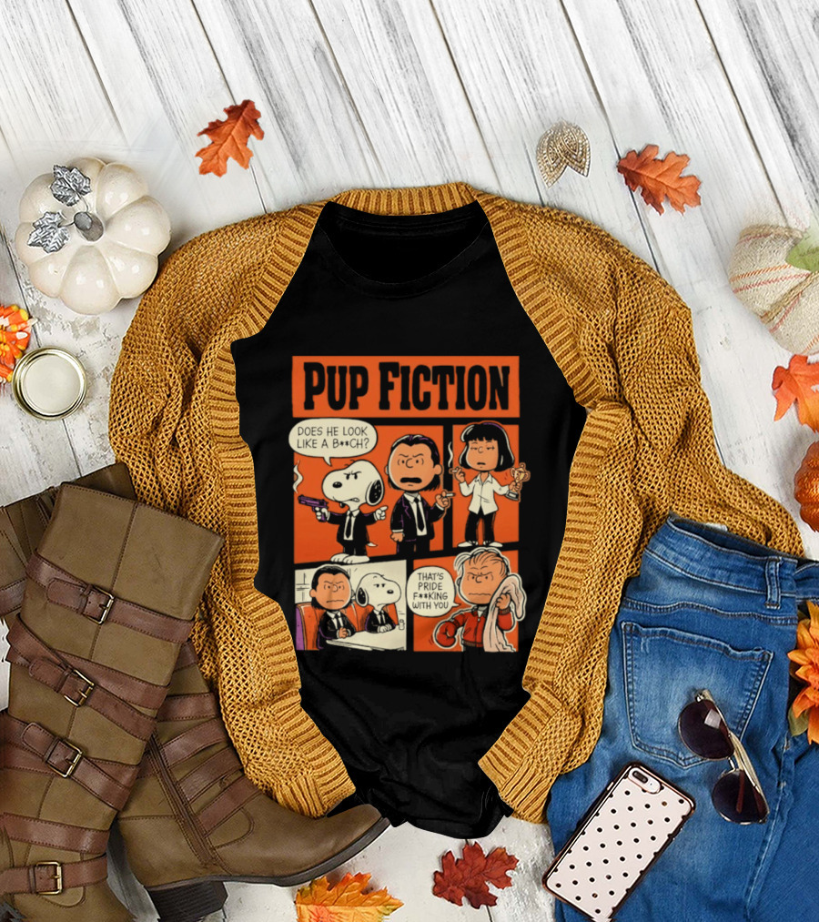 Peanuts Pup Fiction Does He Look Like a Bitch Snopy and Franklin Vincent Jules Mia T-Shirt