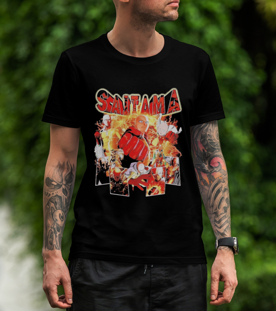 Saitama Hero Manga Character Collage With Lightning Fist T-Shirt