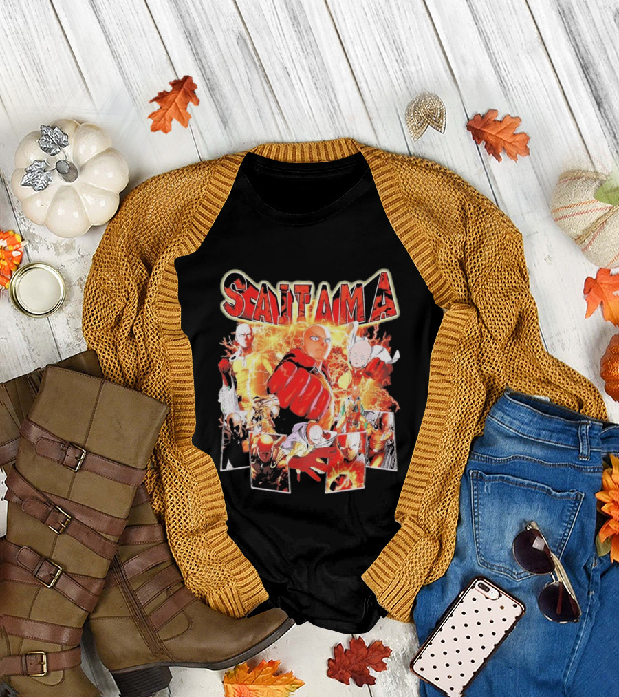 Saitama Hero Manga Character Collage With Lightning Fist T-Shirt