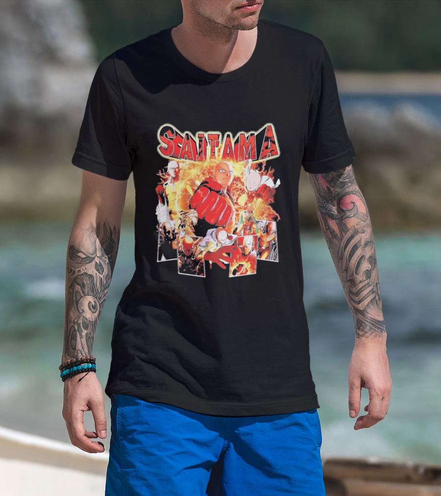 Saitama Hero Manga Character Collage With Lightning Fist T-Shirt