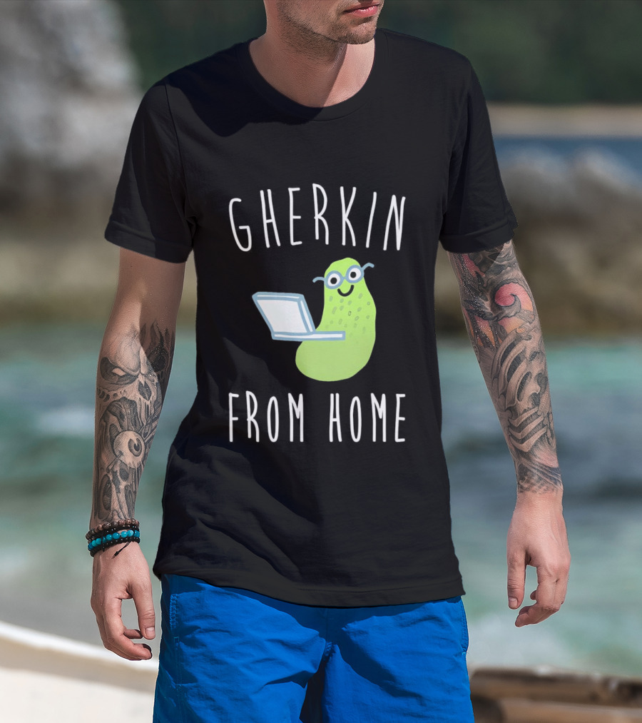 Gherkin From Home Cute Pickle With Laptop T-Shirt