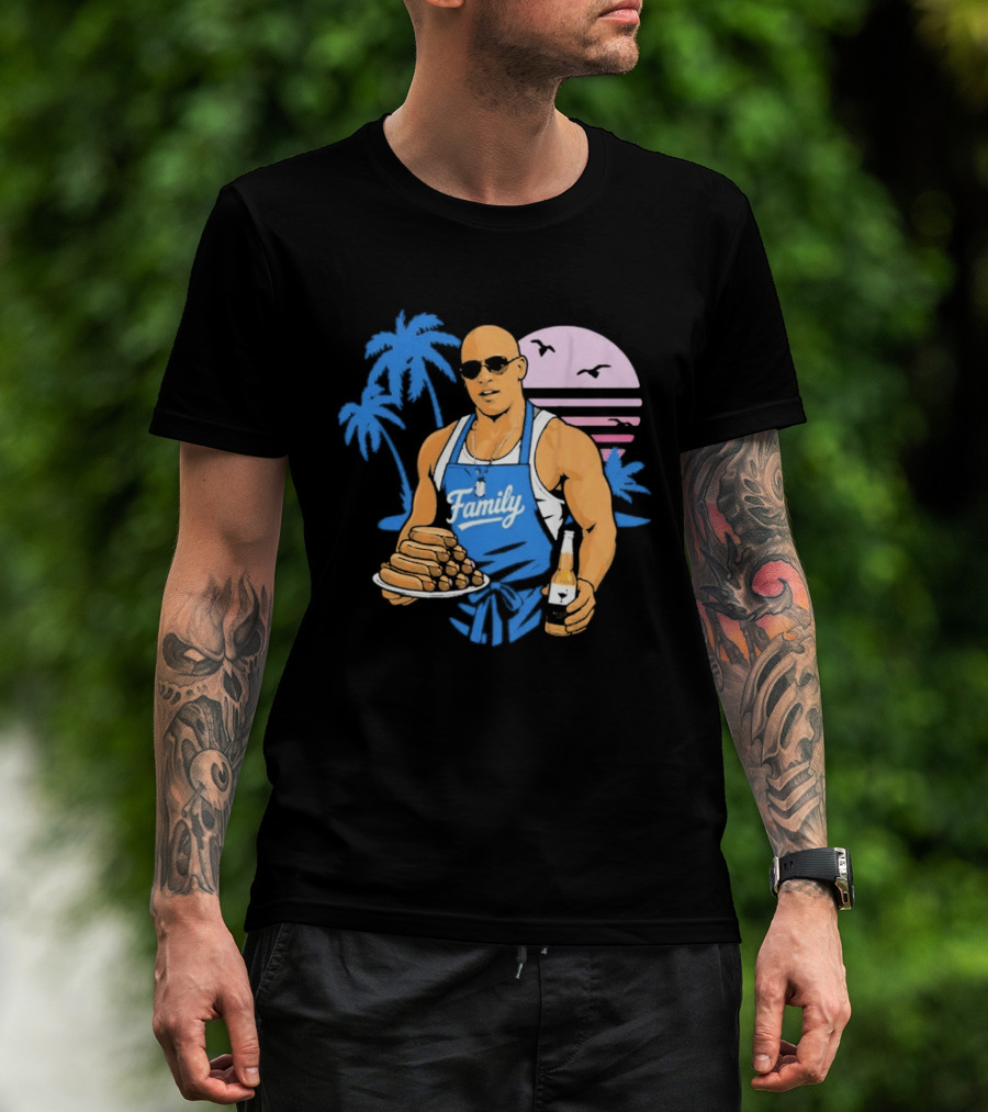 KCCO Family BBQ With Hot Dogs Palm Trees Sunset Birds T-Shirt