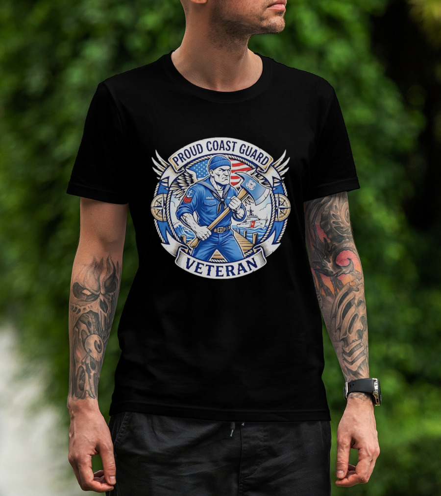Proud Coast Guard Veteran USCG Military Sailor With Axe And American Flag T-Shirt