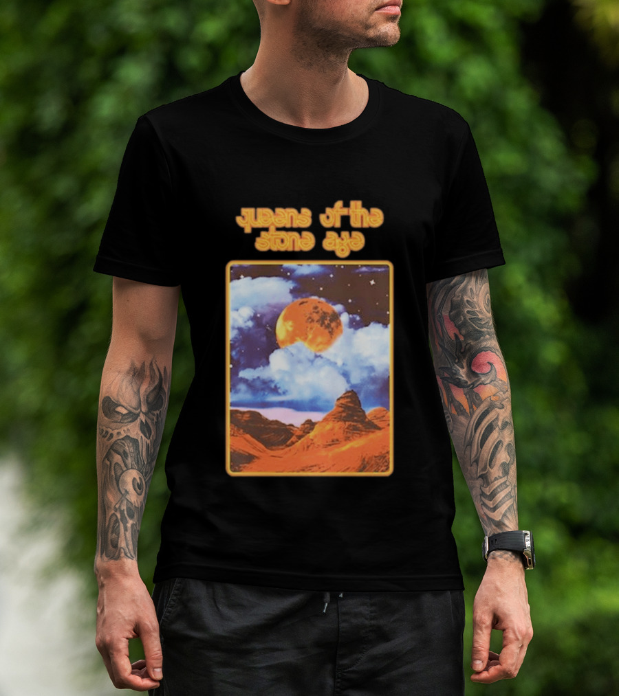 Queens Of The Stone Age Moon Landscape With Orange Cloudy Night Sky And Desert Scene T-Shirt