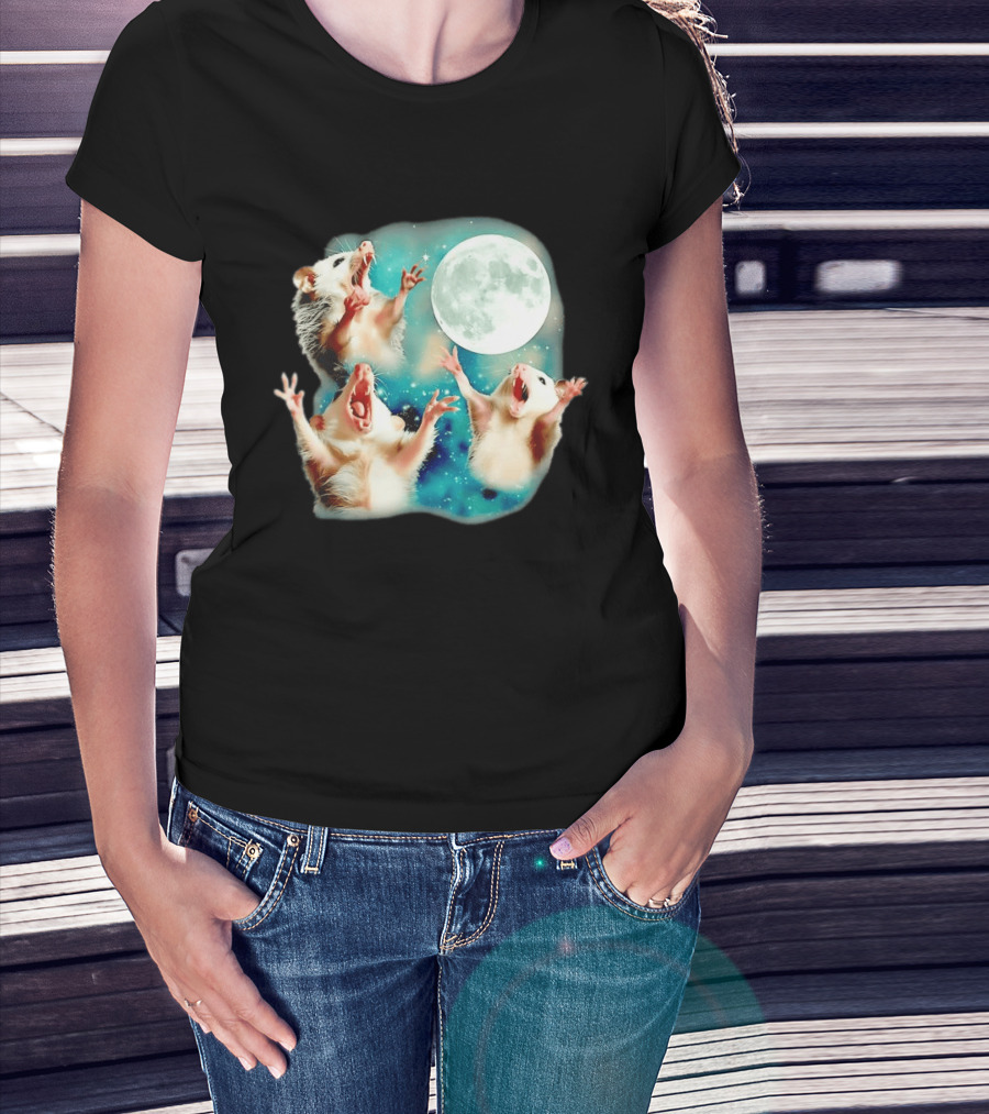 Opossum Howling At Moon With Stars In Space Scene T-Shirt