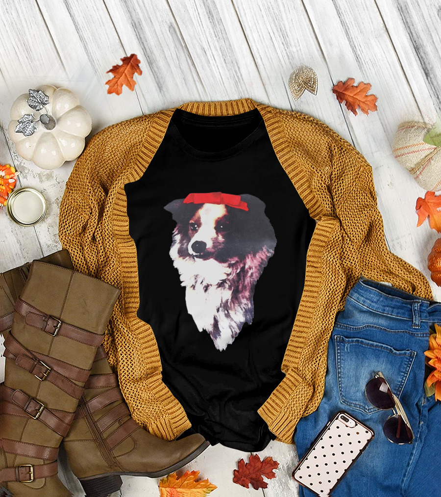Sabrina Carpenter Collie Dog With Red Bow T-Shirt