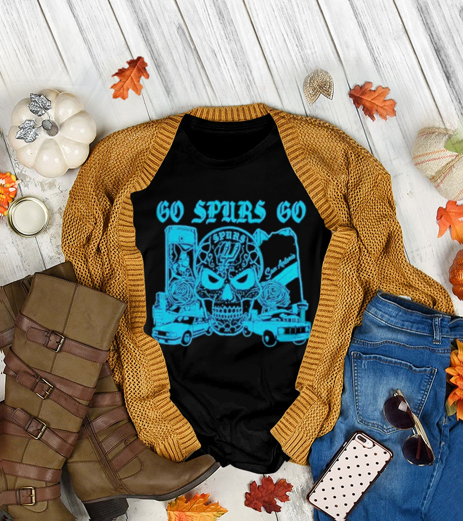 Go Spurs Go San Antonio Spurs NBA Skull and Cars T-Shirt