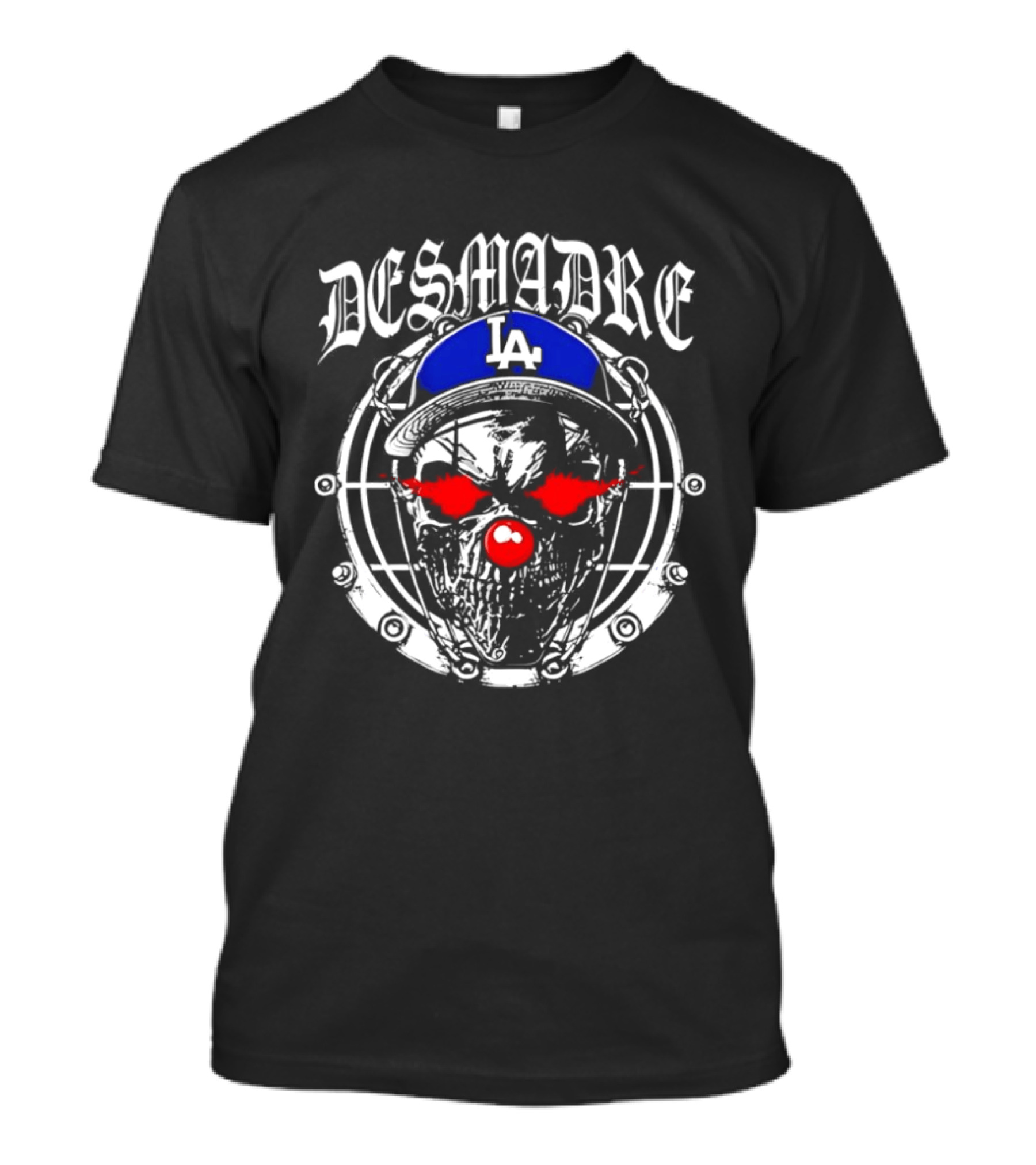 Skull In Los Angeles Dodgers Cap With Clown Makeup And DESMADRE T-Shirt