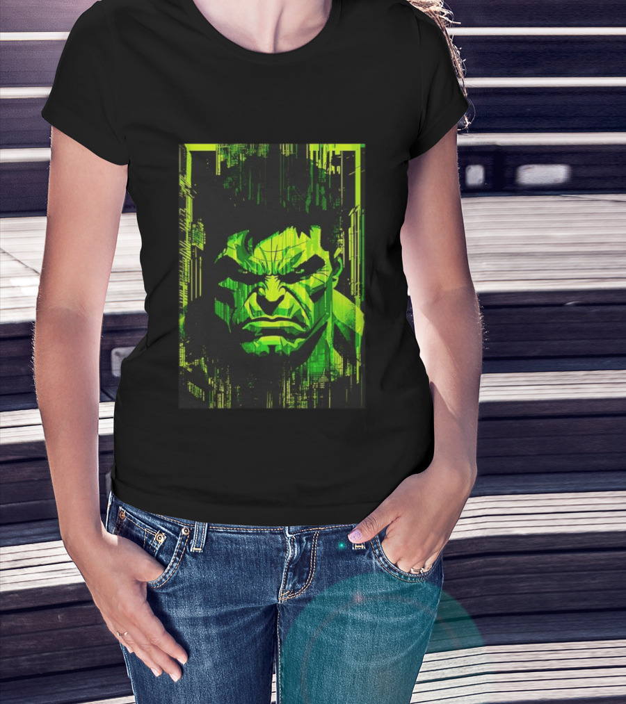 Hulk Glitch Digital Green Abstract Face T-Shirt