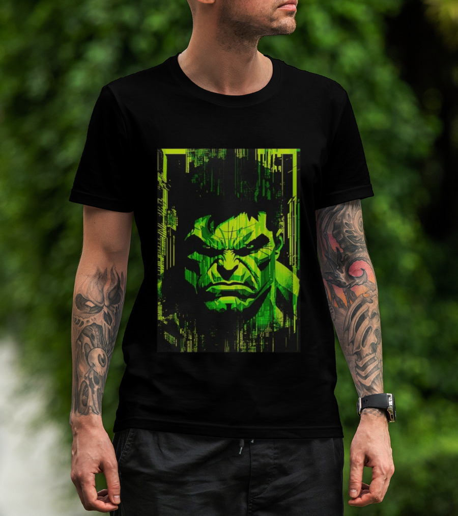 Hulk Glitch Digital Green Abstract Face T-Shirt