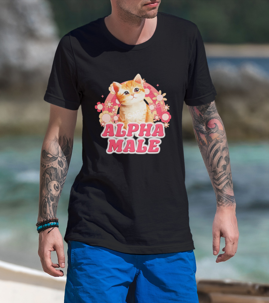 Alpha Male Kitten With Rainbow And Floral T-Shirt