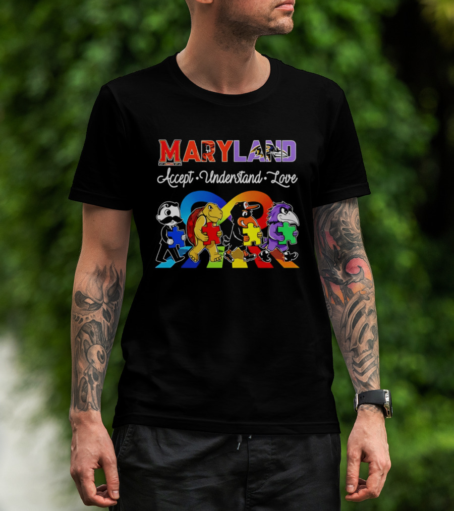 Maryland Pride Accept Understand Love With Sports Mascots And Puzzle Pieces T-Shirt