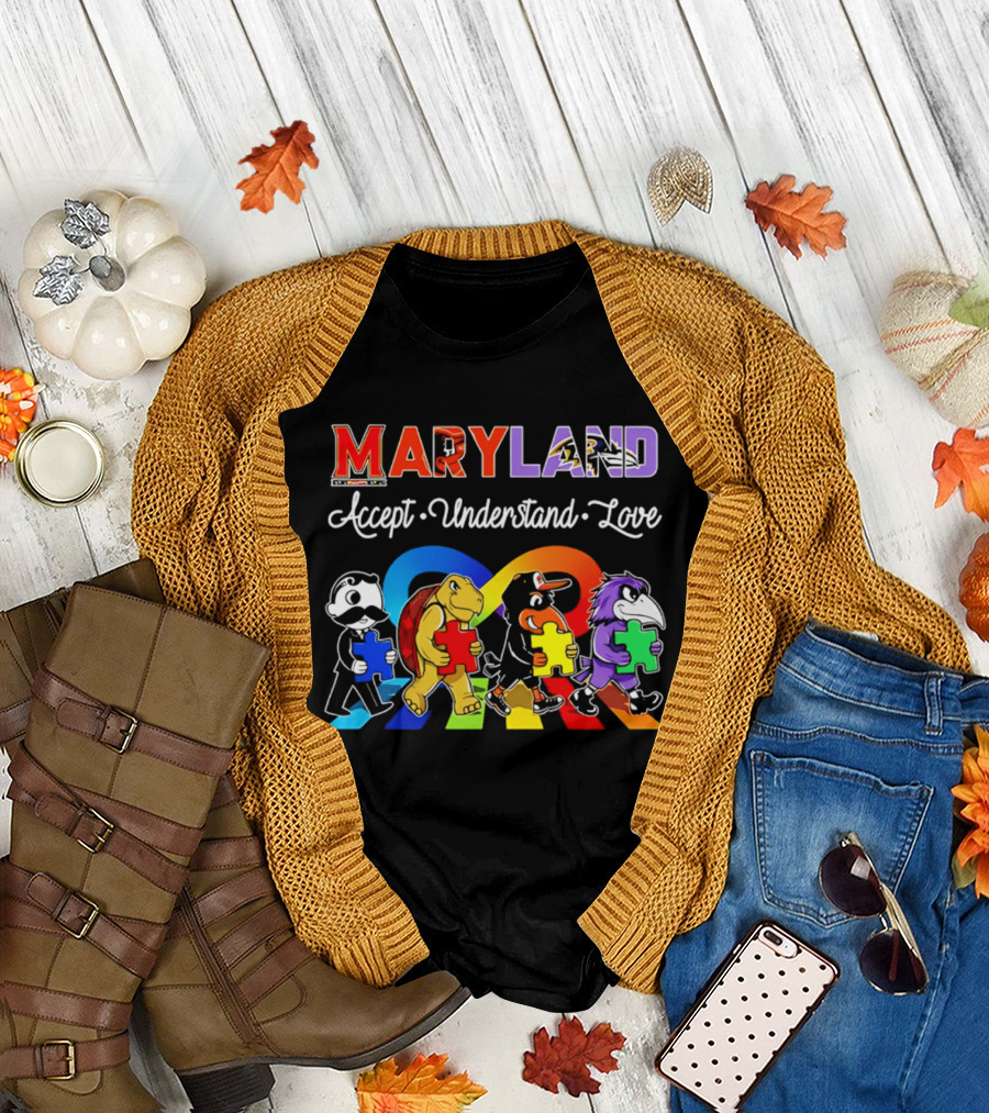 Maryland Pride Accept Understand Love with Sports Mascots and Puzzle Pieces T-Shirt