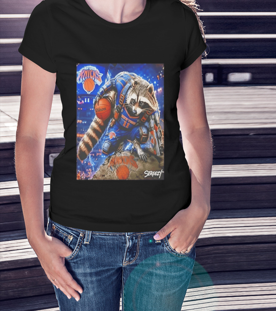 Rocket Raccoon New York Knicks Marvel Guardians NBA Crossover Wilson Ball T-Shirt