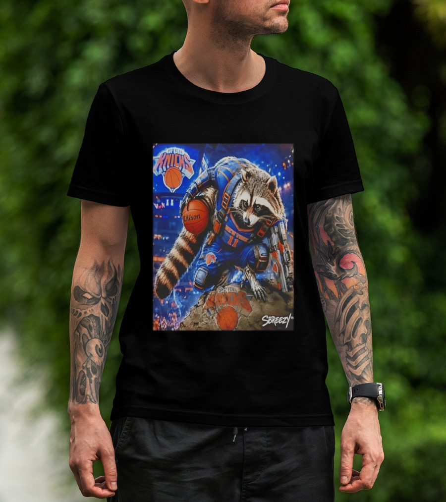 Rocket Raccoon New York Knicks Marvel Guardians NBA Crossover Wilson Ball T-Shirt