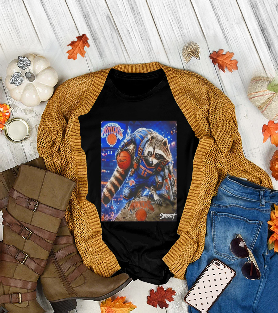 Rocket Raccoon New York Knicks Marvel Guardians NBA Crossover Wilson Ball T-Shirt