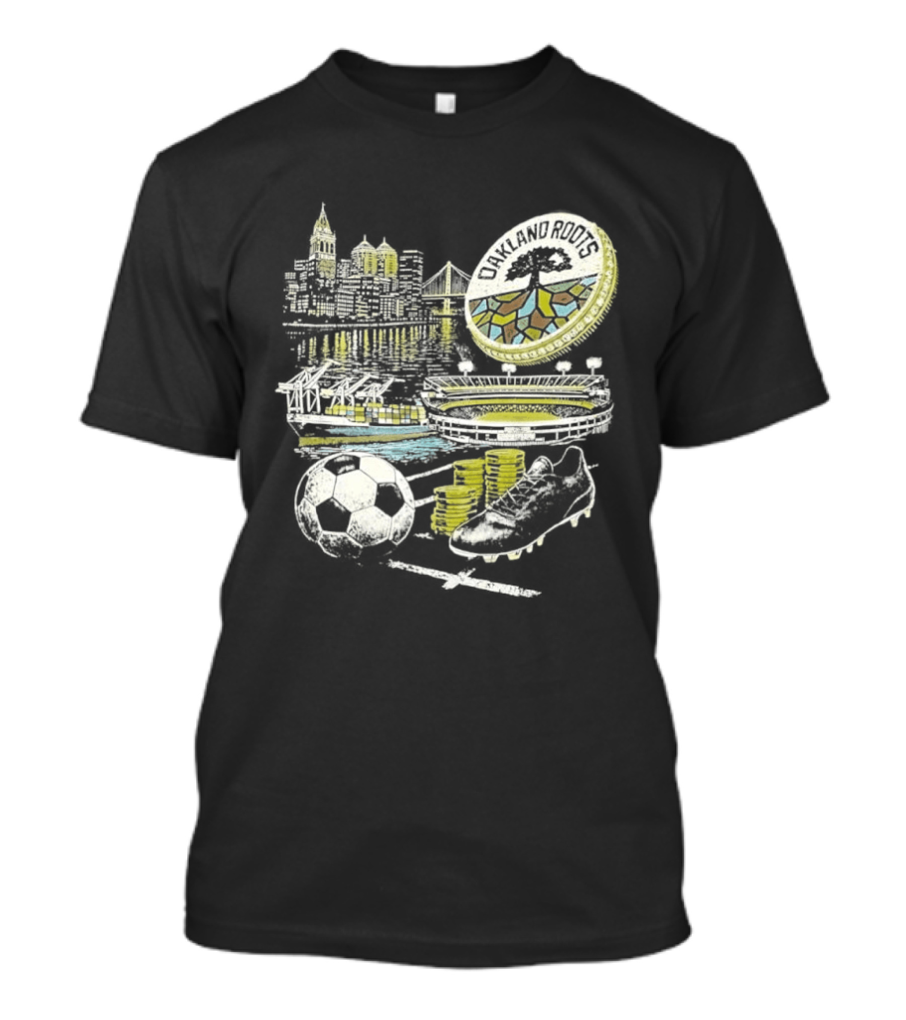 Oakland Roots Skyline Soccer Ball Stadium Ship And Coins T-Shirt