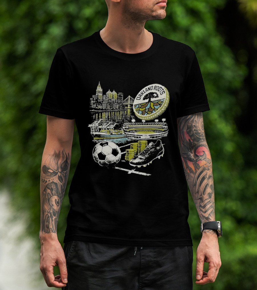 Oakland Roots Skyline Soccer Ball Stadium Ship And Coins T-Shirt
