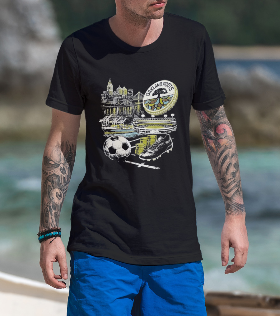 Oakland Roots Skyline Soccer Ball Stadium Ship And Coins T-Shirt
